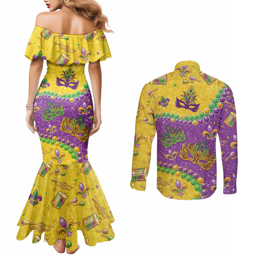 Mardi Gras Is In Our Soul Couples Matching Mermaid Dress and Long Sleeve Button Shirt Glitter Style