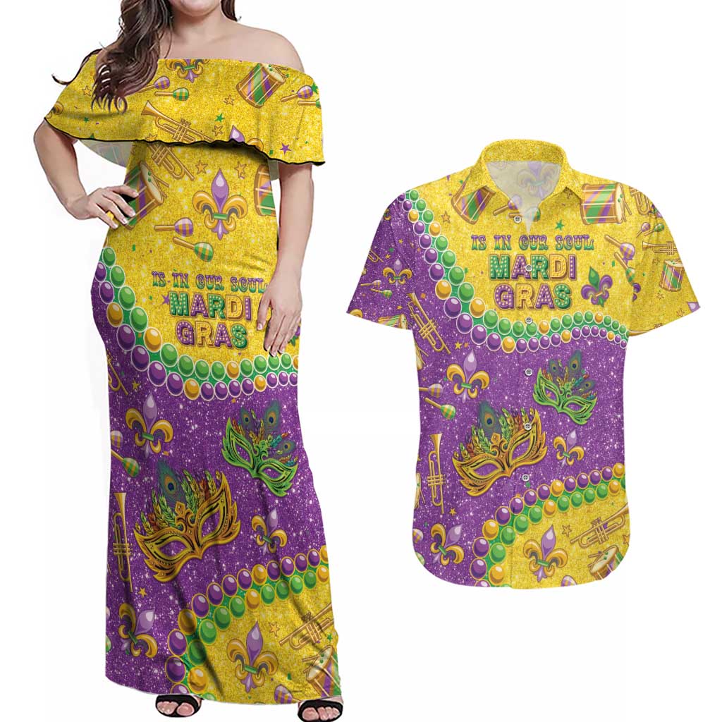 Mardi Gras Is In Our Soul Couples Matching Off Shoulder Maxi Dress and Hawaiian Shirt Glitter Style