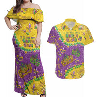 Mardi Gras Is In Our Soul Couples Matching Off Shoulder Maxi Dress and Hawaiian Shirt Glitter Style