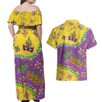 Mardi Gras Is In Our Soul Couples Matching Off Shoulder Maxi Dress and Hawaiian Shirt Glitter Style