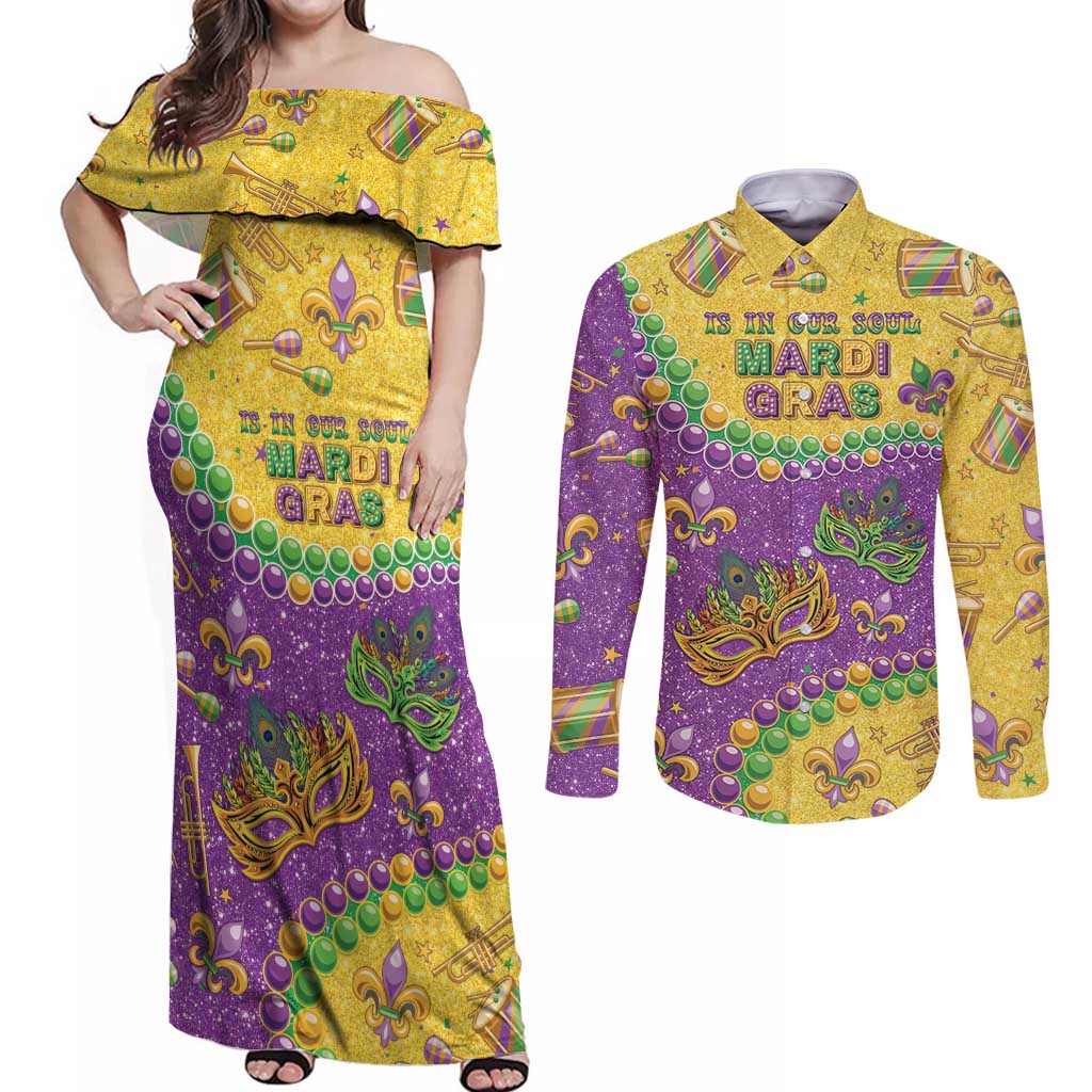 Mardi Gras Is In Our Soul Couples Matching Off Shoulder Maxi Dress and Long Sleeve Button Shirt Glitter Style