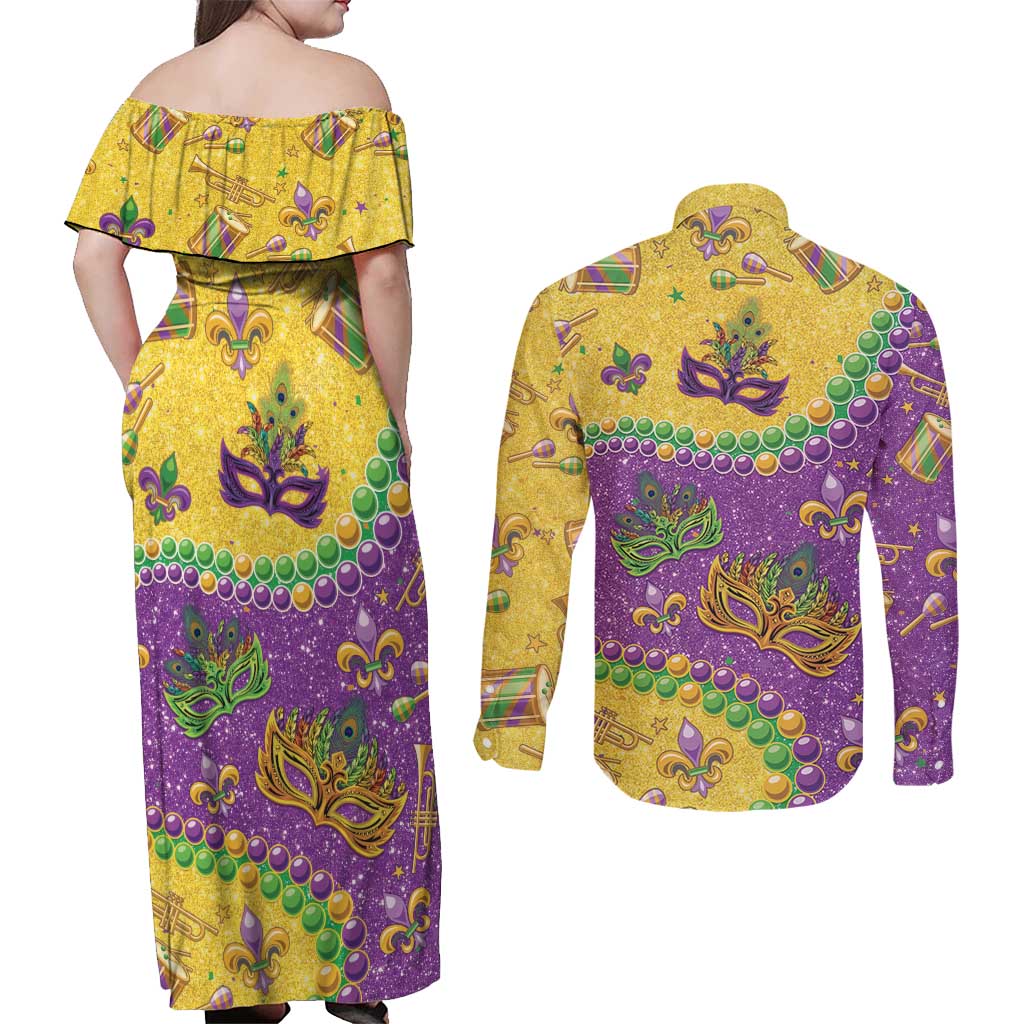 Mardi Gras Is In Our Soul Couples Matching Off Shoulder Maxi Dress and Long Sleeve Button Shirt Glitter Style