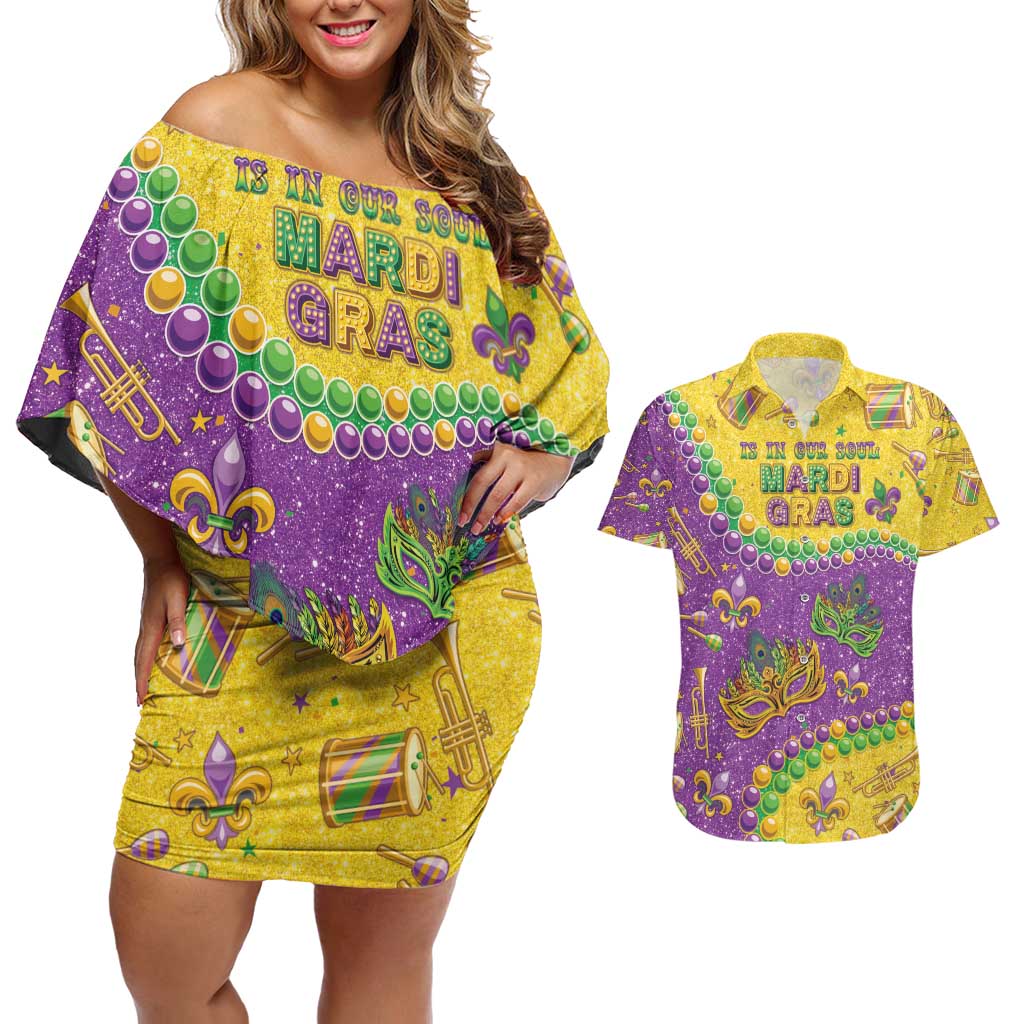 Mardi Gras Is In Our Soul Couples Matching Off Shoulder Short Dress and Hawaiian Shirt Glitter Style
