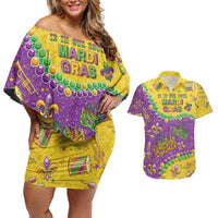 Mardi Gras Is In Our Soul Couples Matching Off Shoulder Short Dress and Hawaiian Shirt Glitter Style