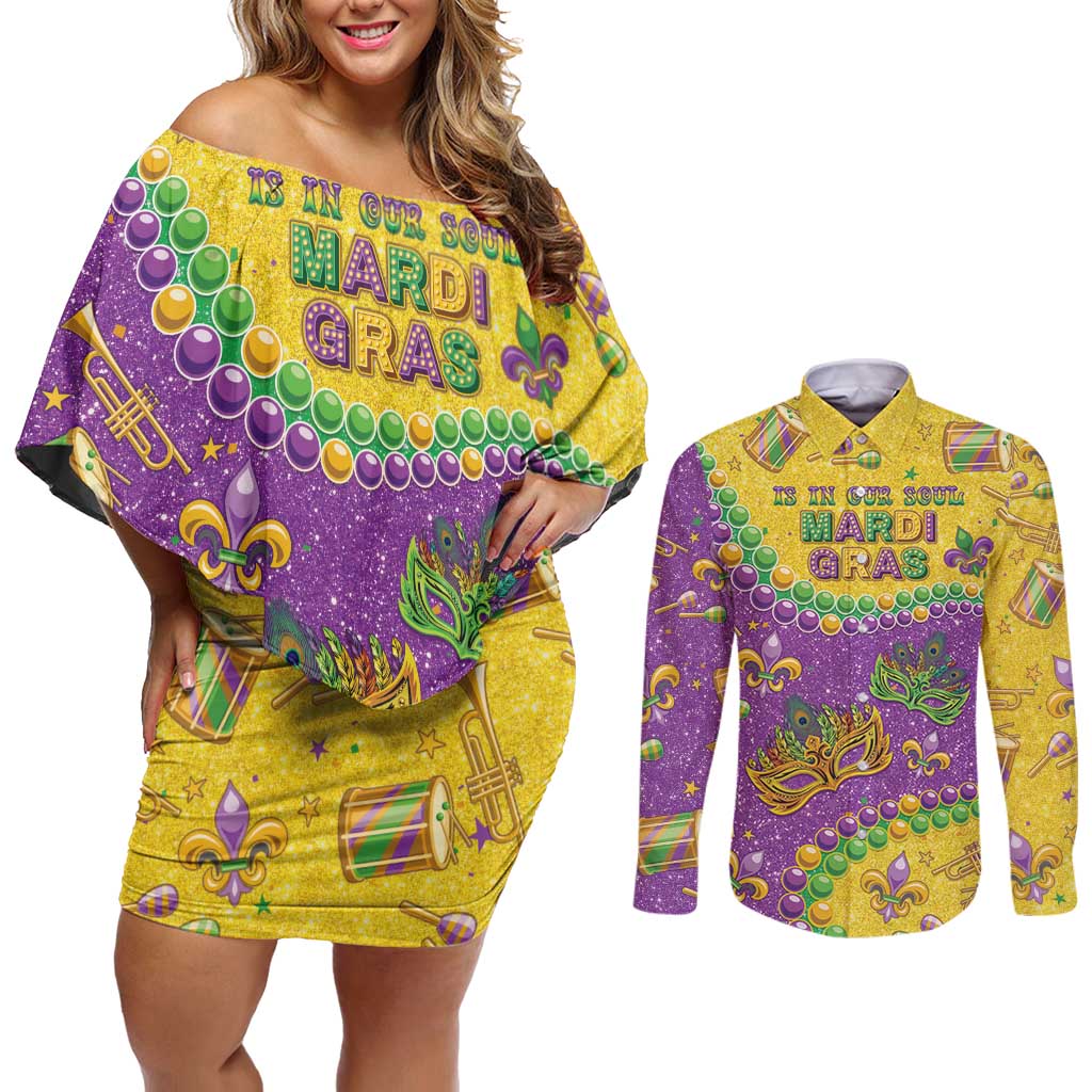 Mardi Gras Is In Our Soul Couples Matching Off Shoulder Short Dress and Long Sleeve Button Shirt Glitter Style