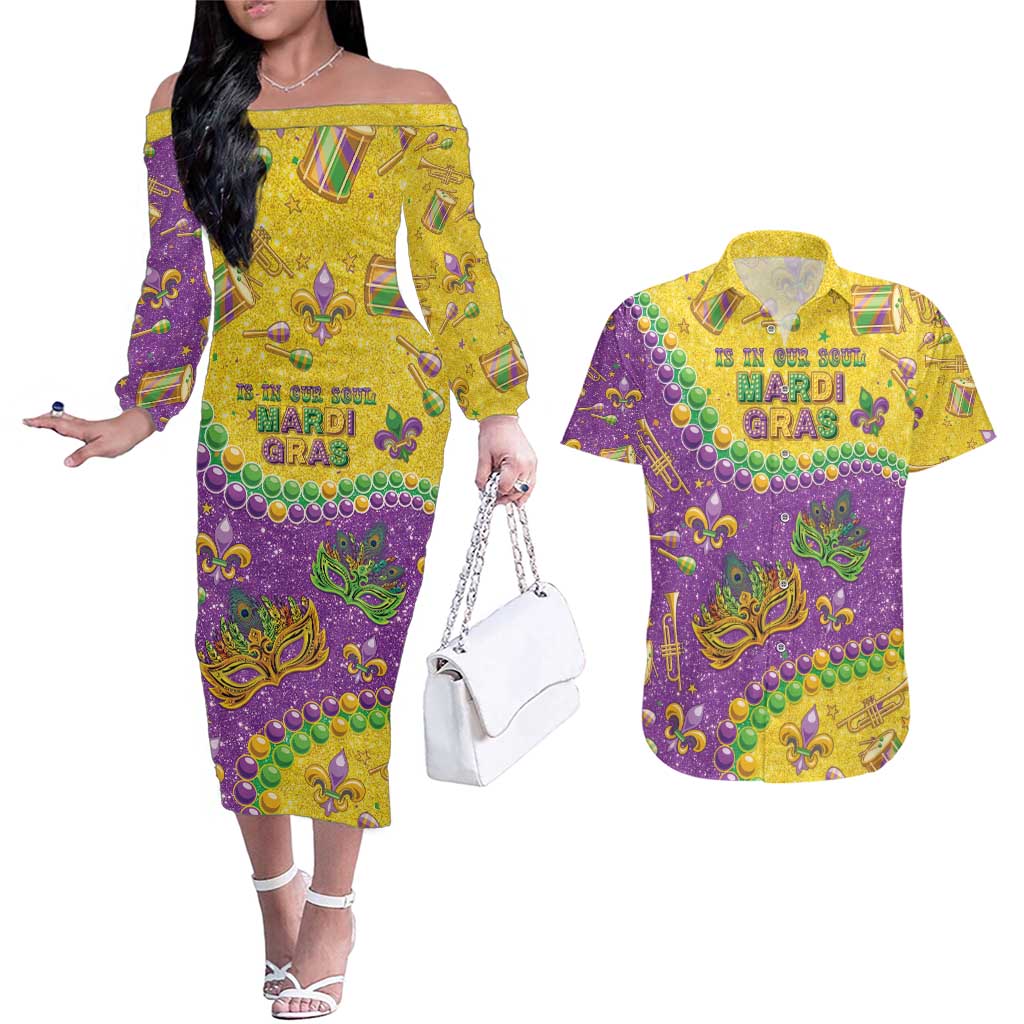 Mardi Gras Is In Our Soul Couples Matching Off The Shoulder Long Sleeve Dress and Hawaiian Shirt Glitter Style