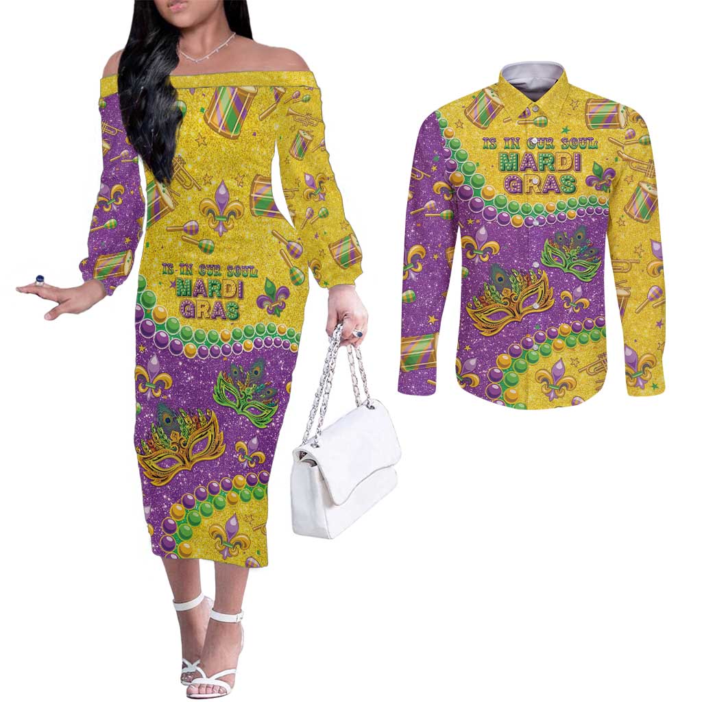 Mardi Gras Is In Our Soul Couples Matching Off The Shoulder Long Sleeve Dress and Long Sleeve Button Shirt Glitter Style