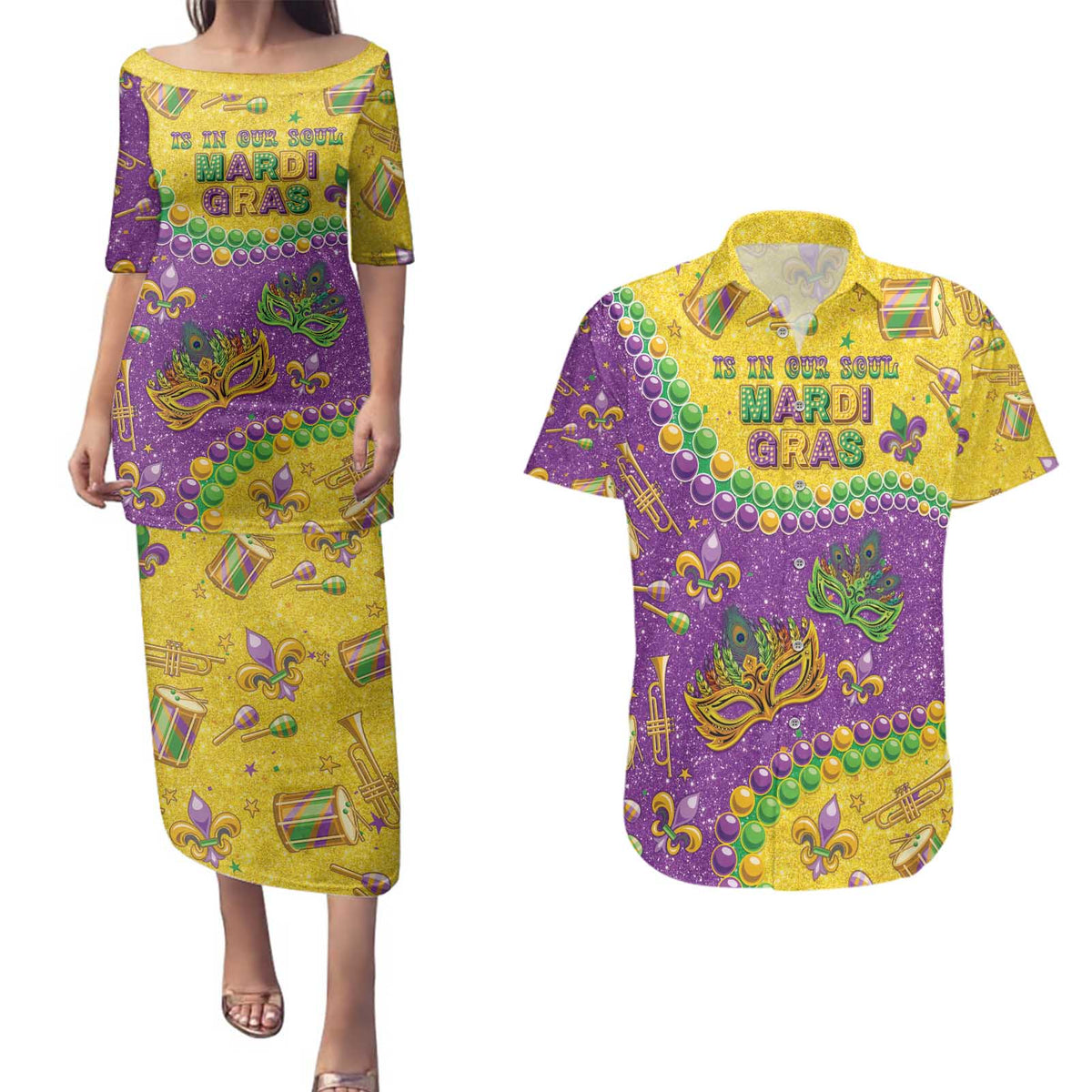 Mardi Gras Is In Our Soul Couples Matching Puletasi and Hawaiian Shirt Glitter Style