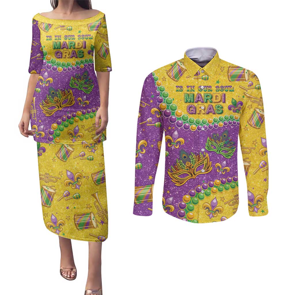 Mardi Gras Is In Our Soul Couples Matching Puletasi and Long Sleeve Button Shirt Glitter Style