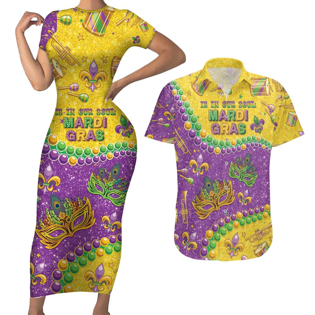 Mardi Gras Is In Our Soul Couples Matching Short Sleeve Bodycon Dress and Hawaiian Shirt Glitter Style