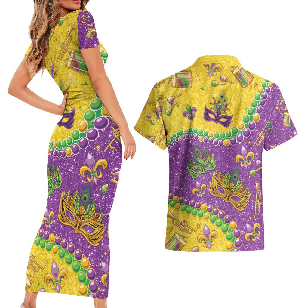 Mardi Gras Is In Our Soul Couples Matching Short Sleeve Bodycon Dress and Hawaiian Shirt Glitter Style