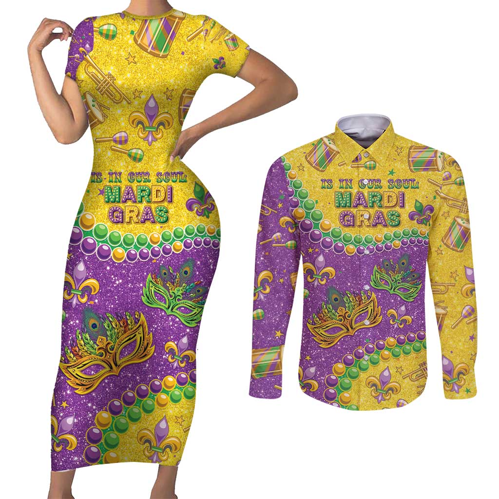 Mardi Gras Is In Our Soul Couples Matching Short Sleeve Bodycon Dress and Long Sleeve Button Shirt Glitter Style