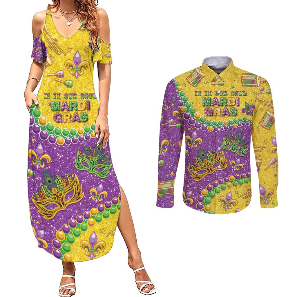 Mardi Gras Is In Our Soul Couples Matching Summer Maxi Dress and Long Sleeve Button Shirt Glitter Style
