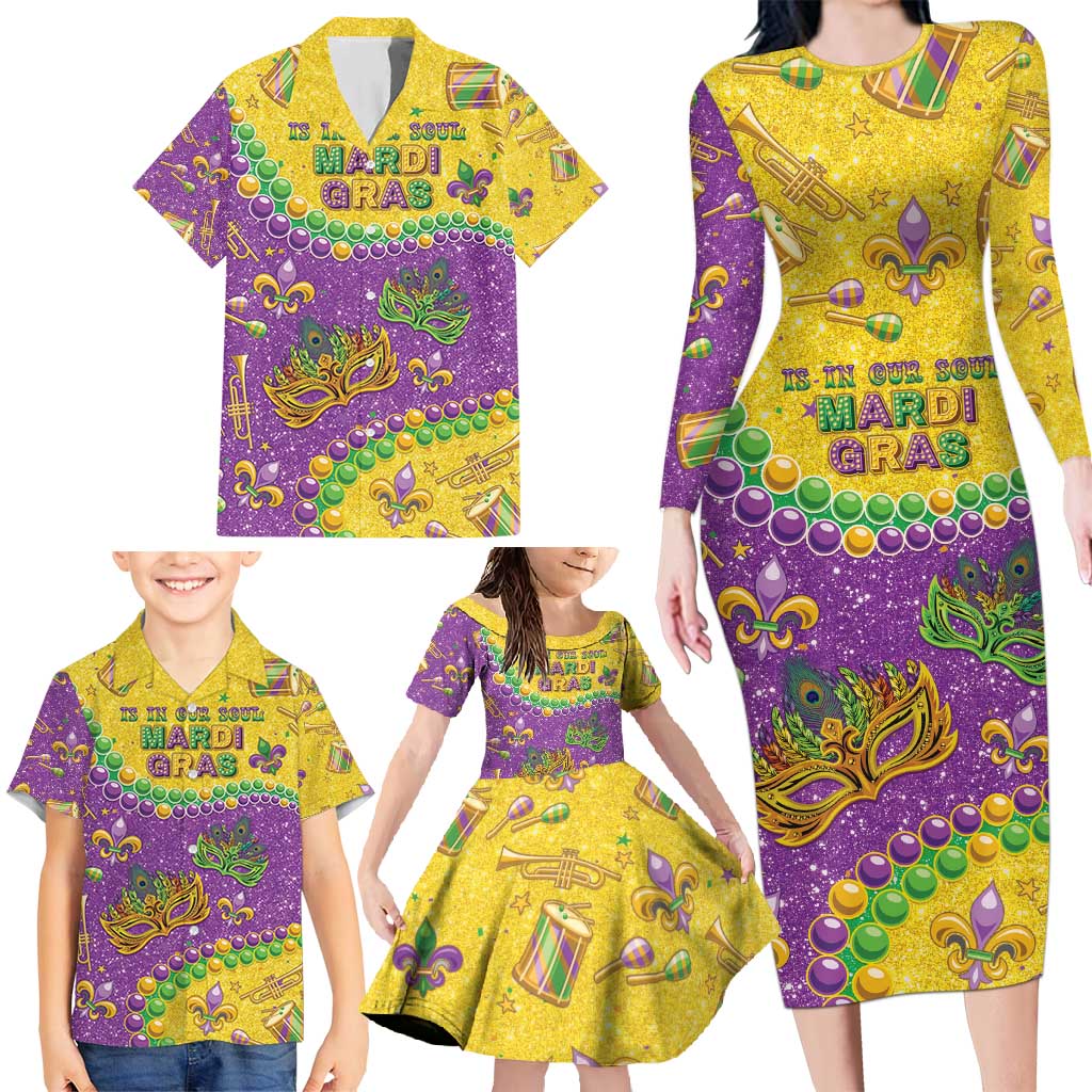 Mardi Gras Is In Our Soul Family Matching Long Sleeve Bodycon Dress and Hawaiian Shirt Glitter Style