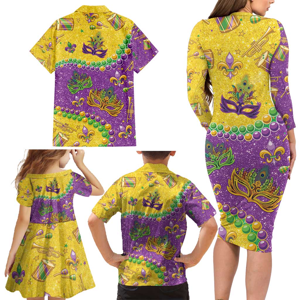 Mardi Gras Is In Our Soul Family Matching Long Sleeve Bodycon Dress and Hawaiian Shirt Glitter Style