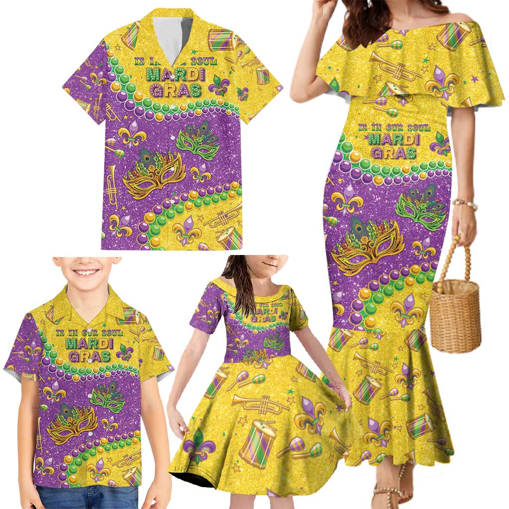 Mardi Gras Is In Our Soul Family Matching Mermaid Dress and Hawaiian Shirt Glitter Style