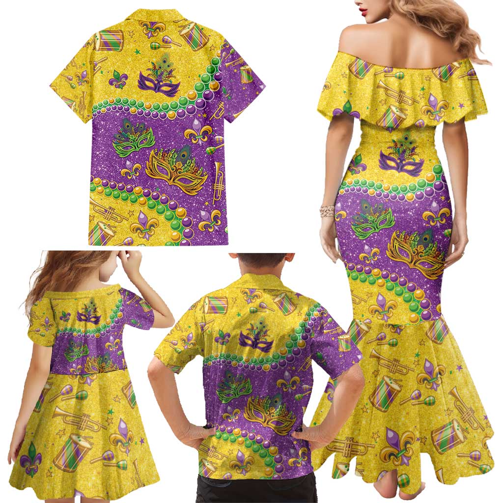 Mardi Gras Is In Our Soul Family Matching Mermaid Dress and Hawaiian Shirt Glitter Style