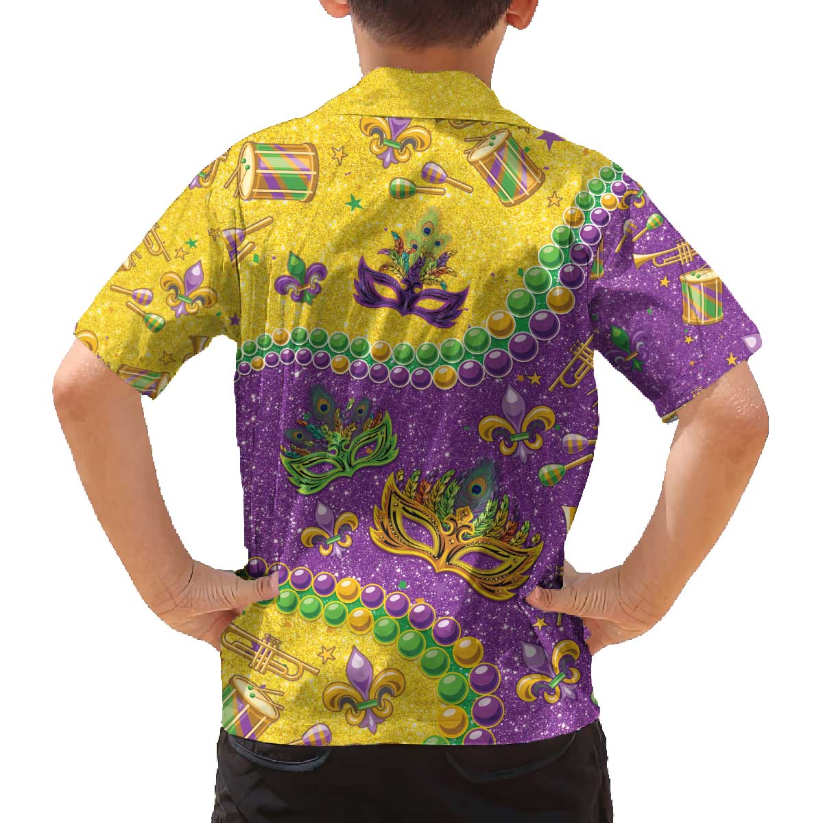 Mardi Gras Is In Our Soul Family Matching Off The Shoulder Long Sleeve Dress and Hawaiian Shirt Glitter Style