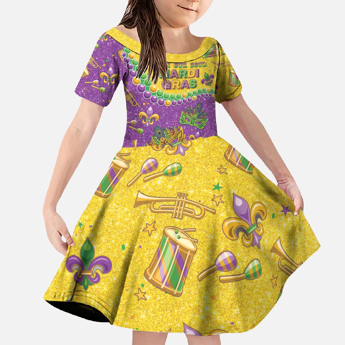 Mardi Gras Is In Our Soul Family Matching Off The Shoulder Long Sleeve Dress and Hawaiian Shirt Glitter Style