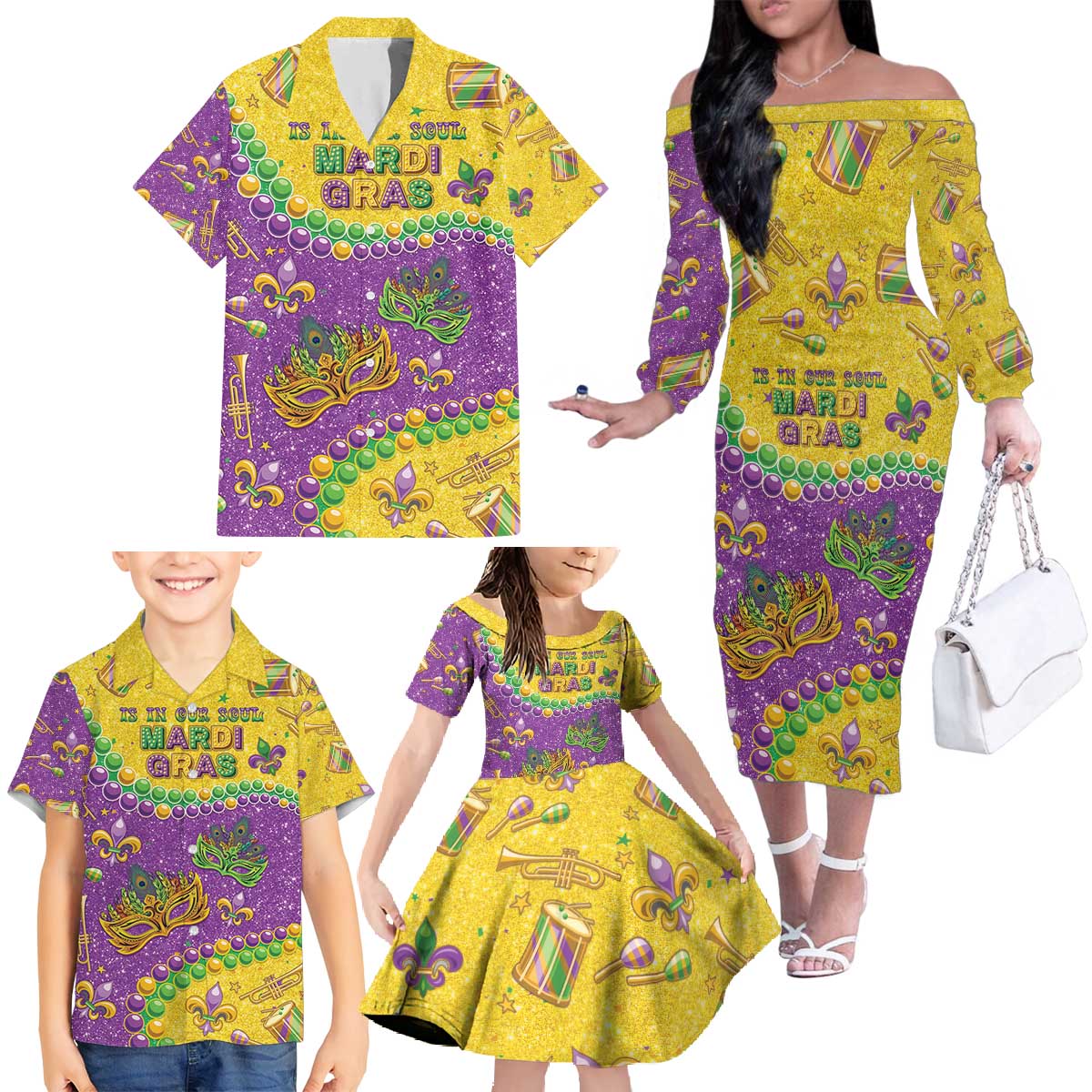 Mardi Gras Is In Our Soul Family Matching Off The Shoulder Long Sleeve Dress and Hawaiian Shirt Glitter Style