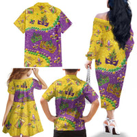 Mardi Gras Is In Our Soul Family Matching Off The Shoulder Long Sleeve Dress and Hawaiian Shirt Glitter Style