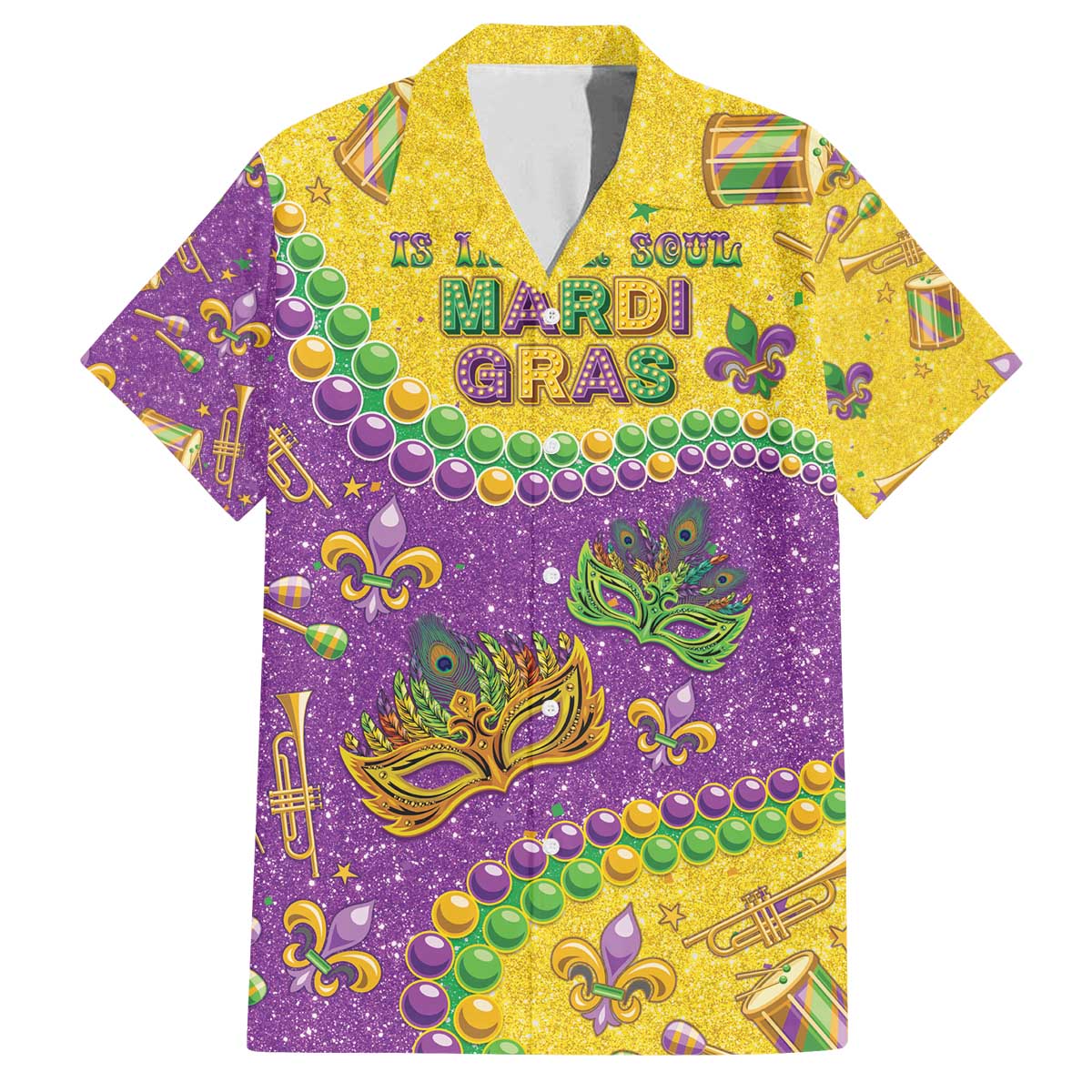 Mardi Gras Is In Our Soul Family Matching Off The Shoulder Long Sleeve Dress and Hawaiian Shirt Glitter Style