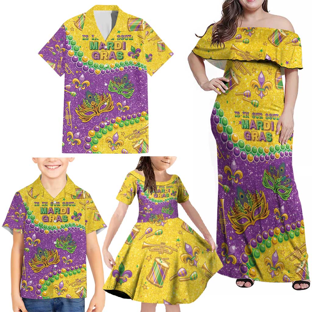 Mardi Gras Is In Our Soul Family Matching Off Shoulder Maxi Dress and Hawaiian Shirt Glitter Style