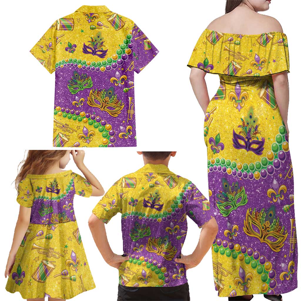 Mardi Gras Is In Our Soul Family Matching Off Shoulder Maxi Dress and Hawaiian Shirt Glitter Style