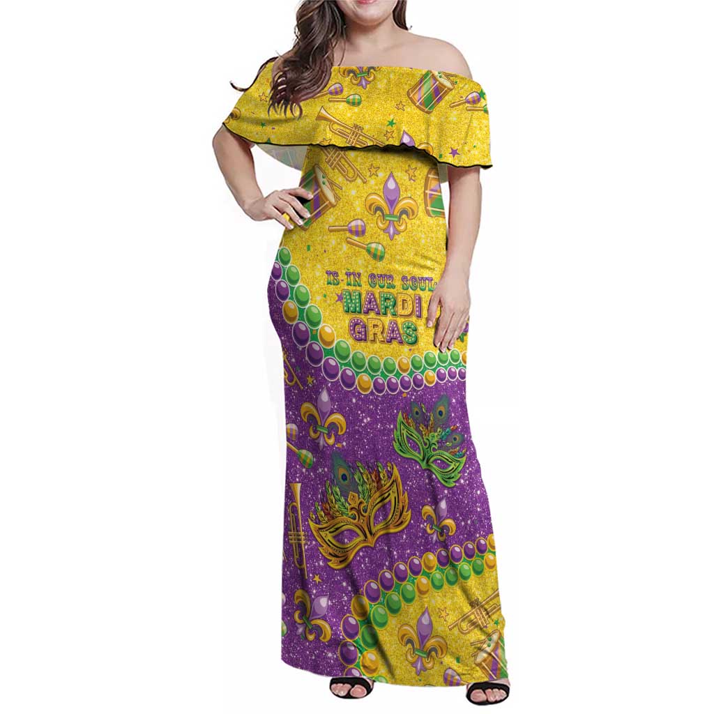 Mardi Gras Is In Our Soul Family Matching Off Shoulder Maxi Dress and Hawaiian Shirt Glitter Style