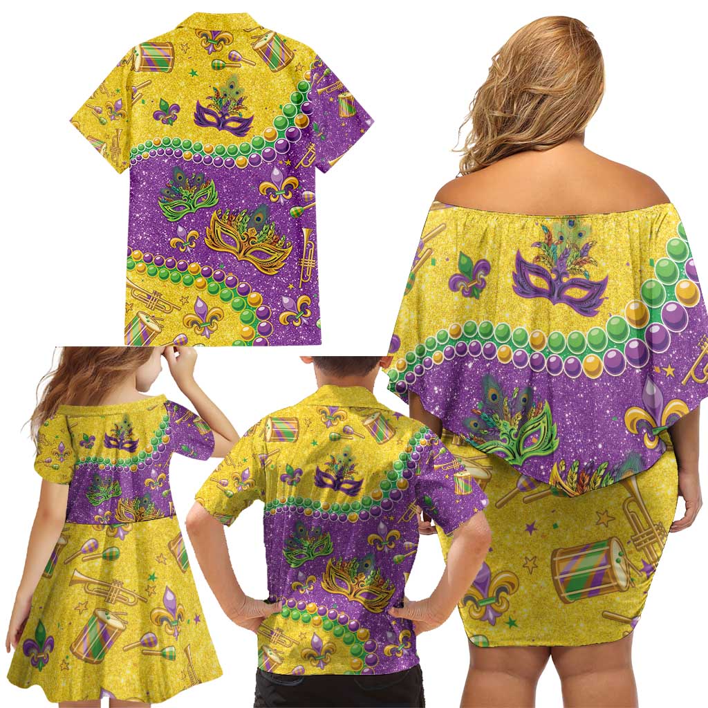 Mardi Gras Is In Our Soul Family Matching Off Shoulder Short Dress and Hawaiian Shirt Glitter Style