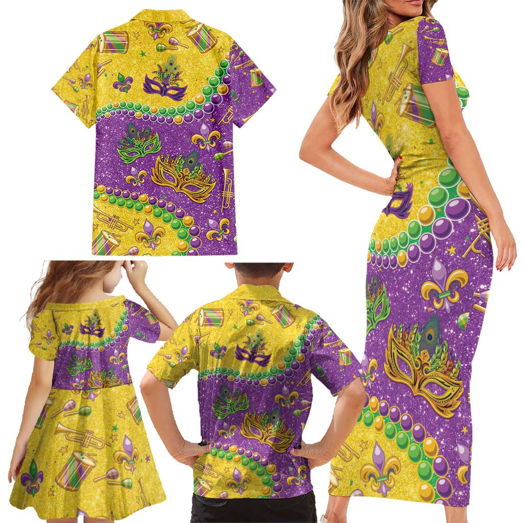 Mardi Gras Is In Our Soul Family Matching Short Sleeve Bodycon Dress and Hawaiian Shirt Glitter Style