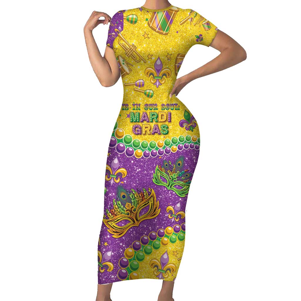 Mardi Gras Is In Our Soul Family Matching Short Sleeve Bodycon Dress and Hawaiian Shirt Glitter Style