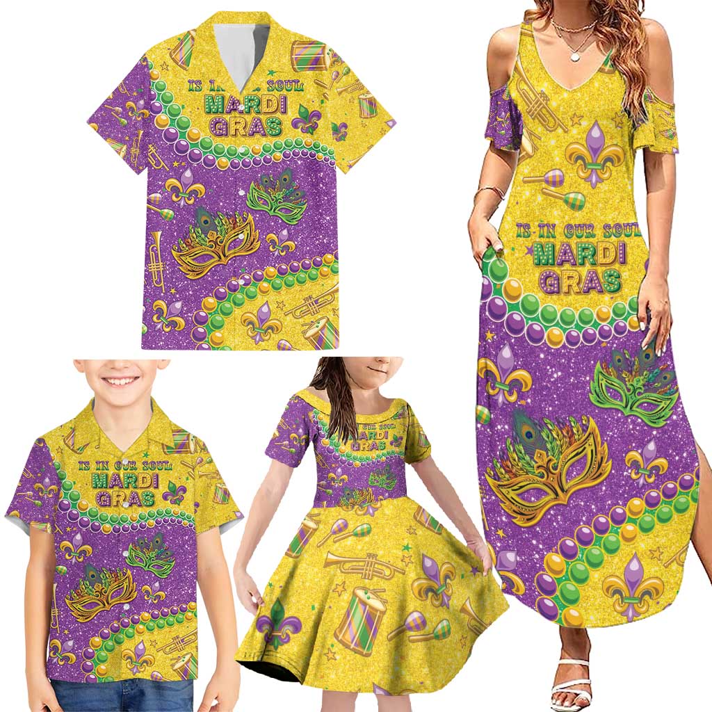 Mardi Gras Is In Our Soul Family Matching Summer Maxi Dress and Hawaiian Shirt Glitter Style