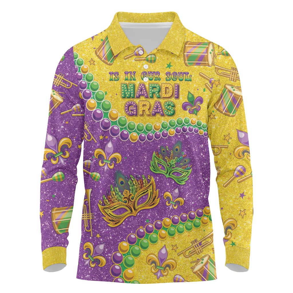 Mardi Gras Is In Our Soul Long Sleeve Polo Shirt Glitter Style