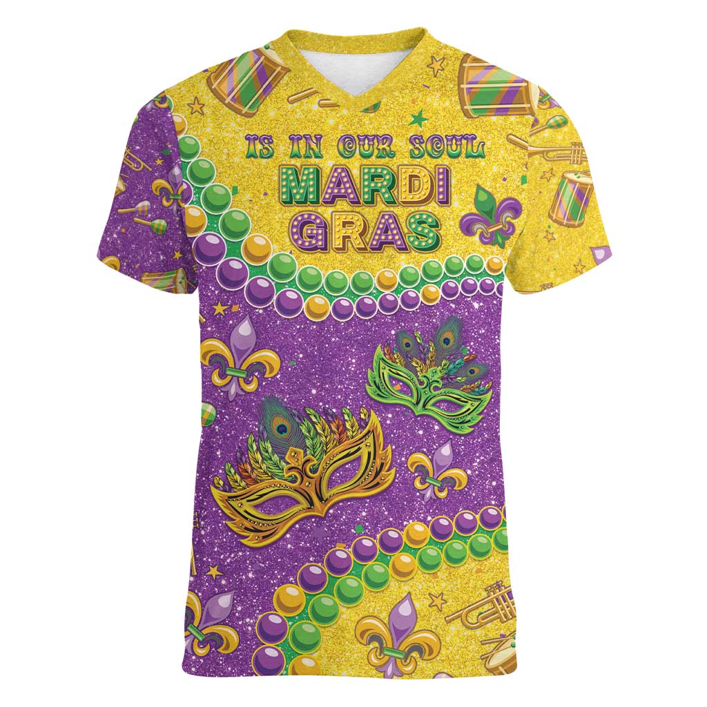 Mardi Gras Is In Our Soul Women V-Neck T-Shirt Glitter Style LT05 - Wonder Print Shop