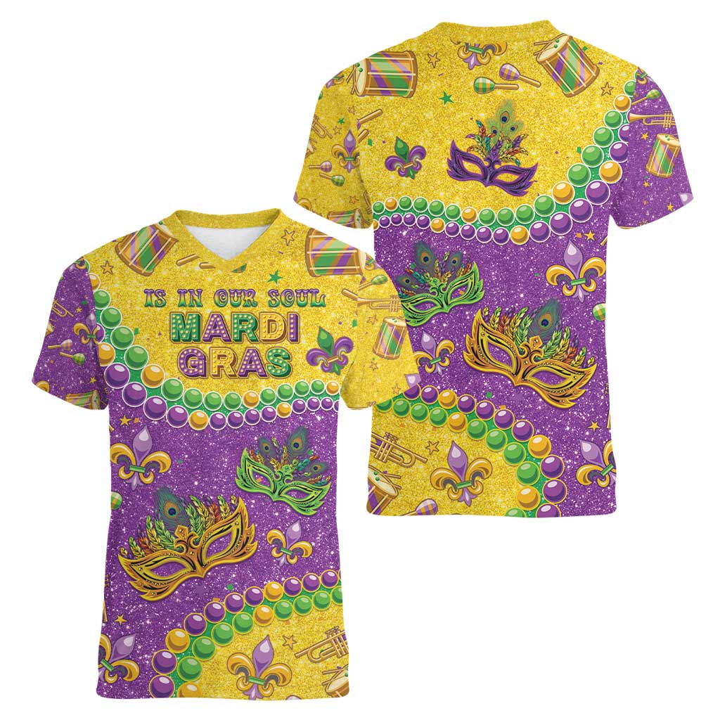 Mardi Gras Is In Our Soul Women V-Neck T-Shirt Glitter Style LT05 - Wonder Print Shop
