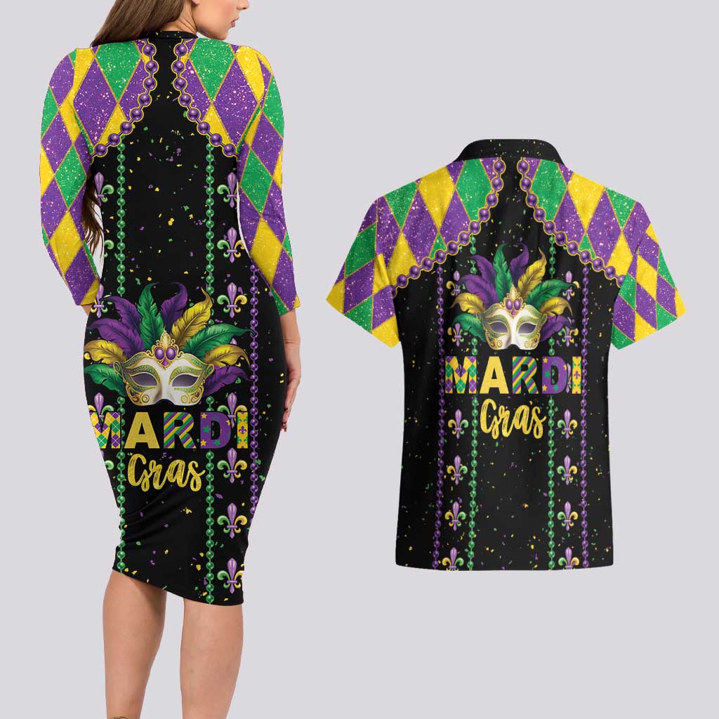 Funny Mardi Gras Couples Matching Long Sleeve Bodycon Dress and Hawaiian Shirt Let The Shenanigans Begin
