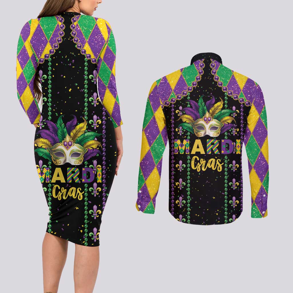 Funny Mardi Gras Couples Matching Long Sleeve Bodycon Dress and Long Sleeve Button Shirt Let The Shenanigans Begin