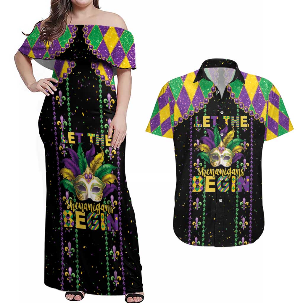 Funny Mardi Gras Couples Matching Off Shoulder Maxi Dress and Hawaiian Shirt Let The Shenanigans Begin