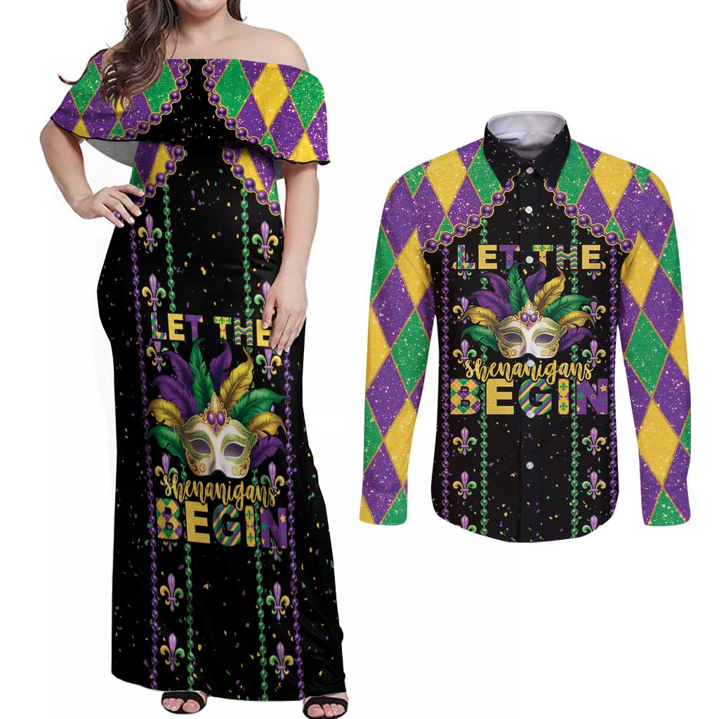Funny Mardi Gras Couples Matching Off Shoulder Maxi Dress and Long Sleeve Button Shirt Let The Shenanigans Begin