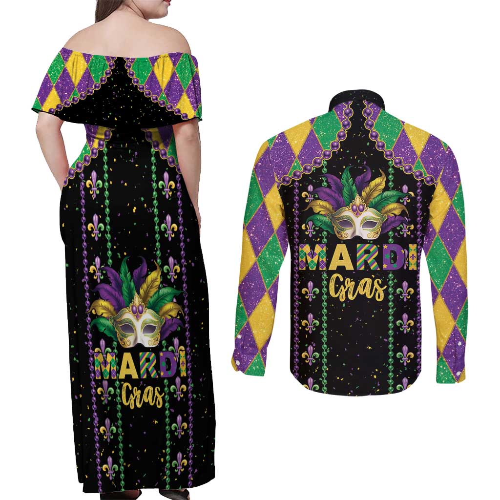 Funny Mardi Gras Couples Matching Off Shoulder Maxi Dress and Long Sleeve Button Shirt Let The Shenanigans Begin