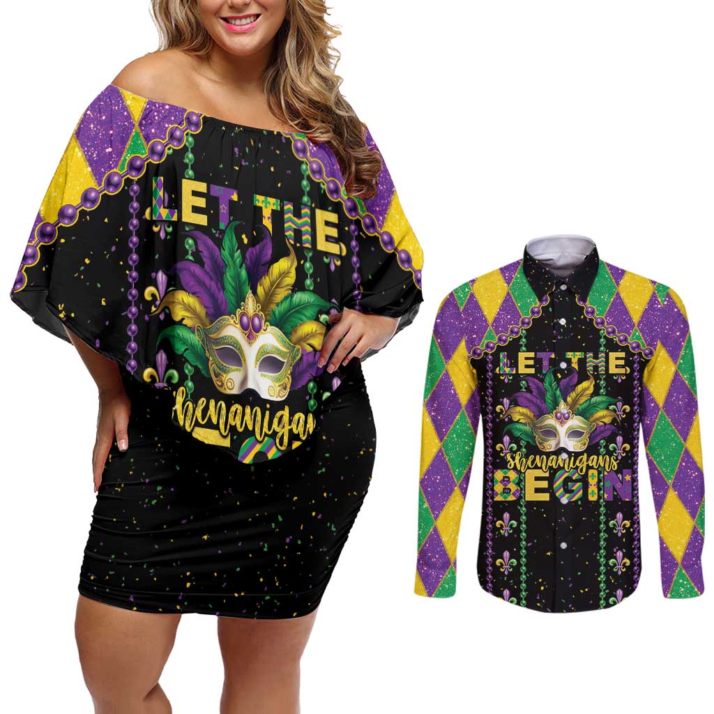Funny Mardi Gras Couples Matching Off Shoulder Short Dress and Long Sleeve Button Shirt Let The Shenanigans Begin