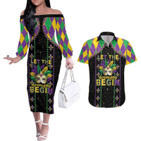 Funny Mardi Gras Couples Matching Off The Shoulder Long Sleeve Dress and Hawaiian Shirt Let The Shenanigans Begin