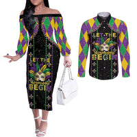 Funny Mardi Gras Couples Matching Off The Shoulder Long Sleeve Dress and Long Sleeve Button Shirt Let The Shenanigans Begin