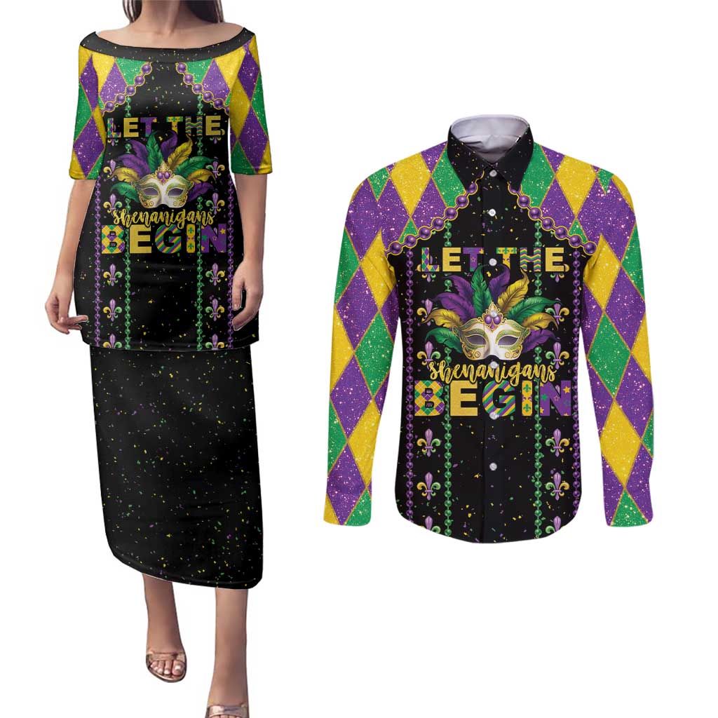 Funny Mardi Gras Couples Matching Puletasi and Long Sleeve Button Shirt Let The Shenanigans Begin