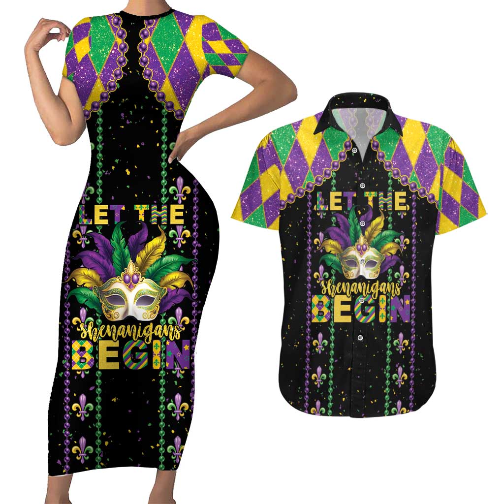 Funny Mardi Gras Couples Matching Short Sleeve Bodycon Dress and Hawaiian Shirt Let The Shenanigans Begin