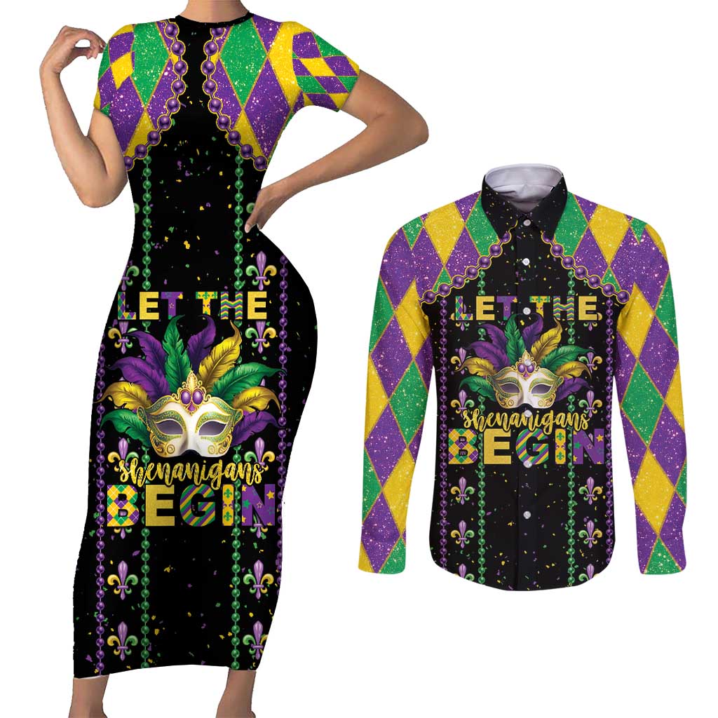 Funny Mardi Gras Couples Matching Short Sleeve Bodycon Dress and Long Sleeve Button Shirt Let The Shenanigans Begin