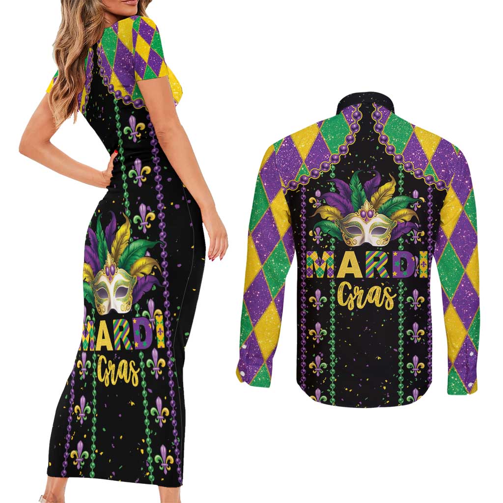 Funny Mardi Gras Couples Matching Short Sleeve Bodycon Dress and Long Sleeve Button Shirt Let The Shenanigans Begin