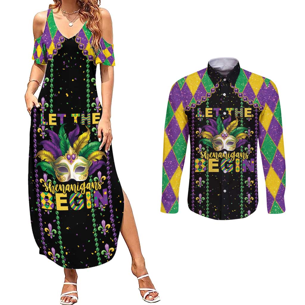 Funny Mardi Gras Couples Matching Summer Maxi Dress and Long Sleeve Button Shirt Let The Shenanigans Begin