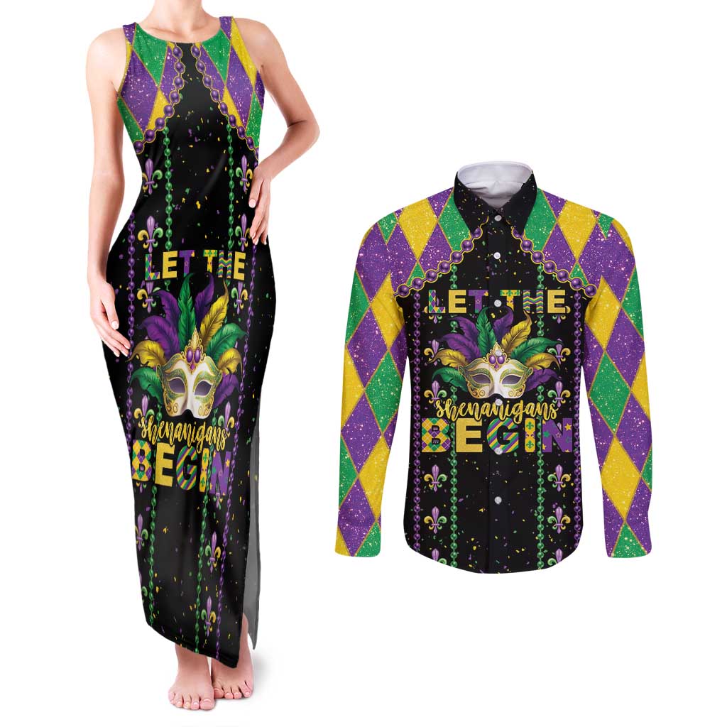 Funny Mardi Gras Couples Matching Tank Maxi Dress and Long Sleeve Button Shirt Let The Shenanigans Begin